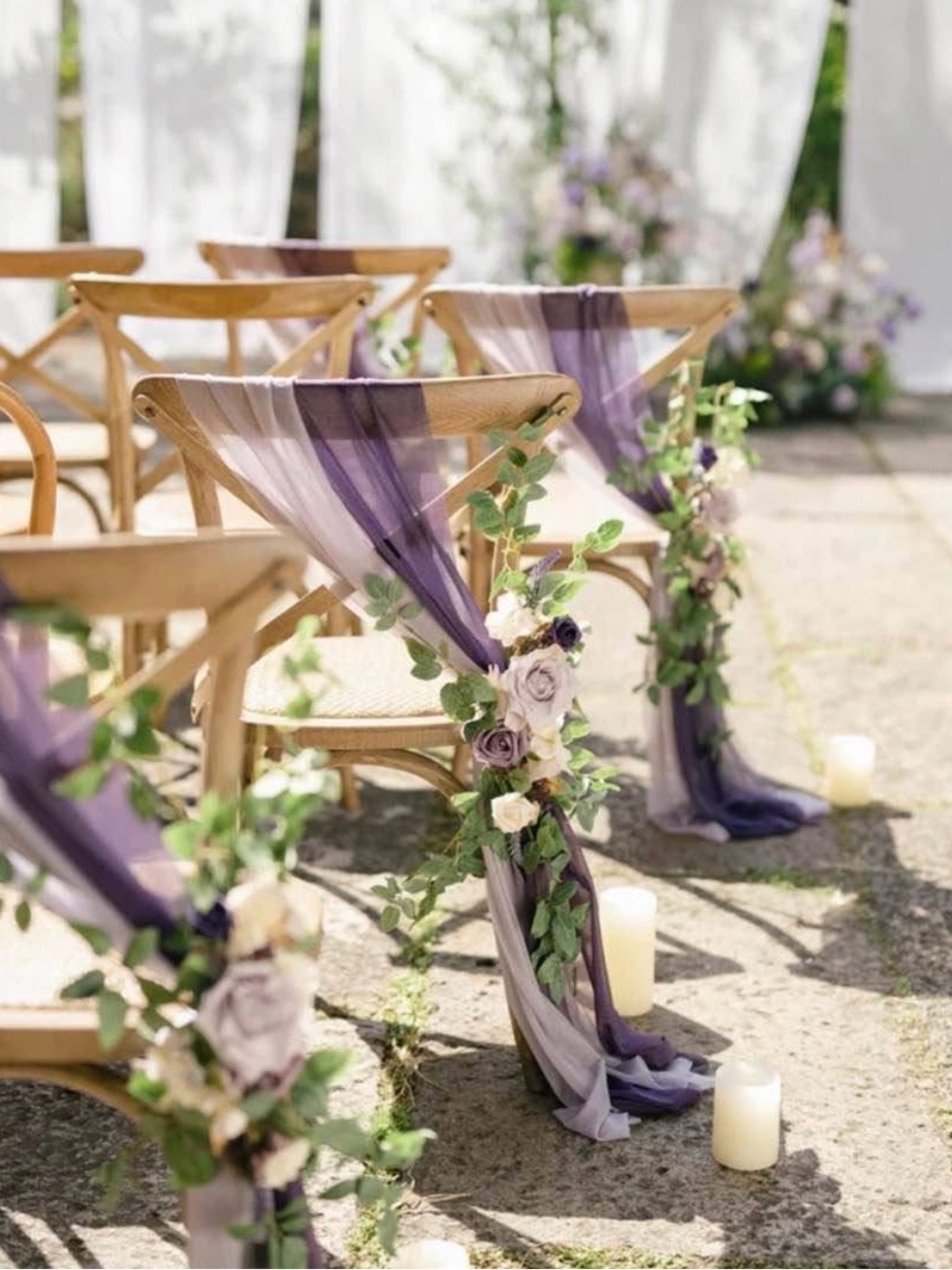 Wedding aisle decor lings moment Purple Sheer Chair Sashes with Floral Garland